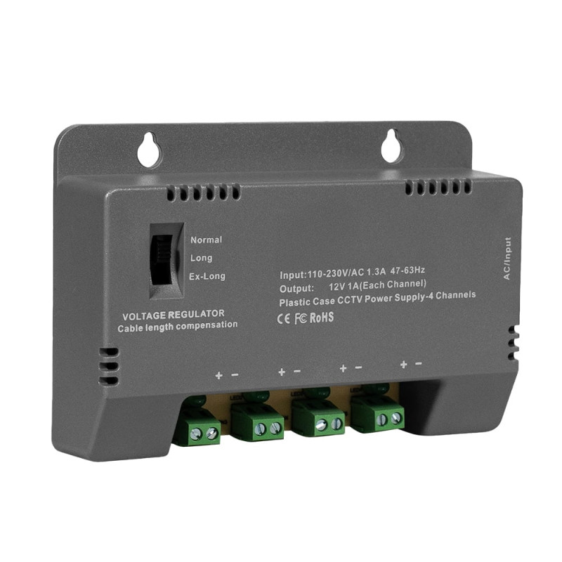 Блок живлення Kraft KRF-1204B (4CH) 60W, 4 канали навантаження, 12V/1A на 1 канал, з регулятором напруги для компенсації довжини кабелю