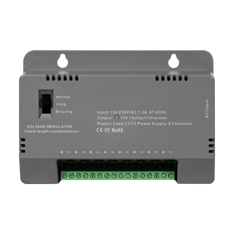 Блок живлення Kraft KRF-1208B (8CH) 96W, 8 каналів навантаження, 12V/1A на 1 канал, з регулятором напруги для компенсації довжини кабелю