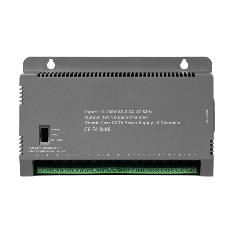 Блок живлення Kraft KRF-1216B (16CH) 200W, 16 каналів навантаження, 12V/1A на 1 канал, з регулятором напруги для компенсації довжини кабелю