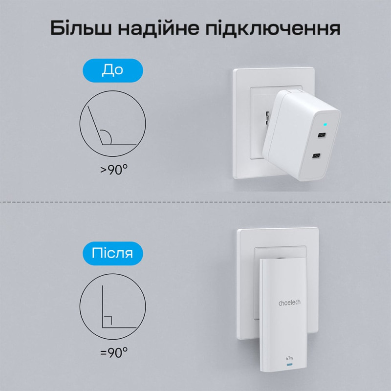 Мережевий зарядний пристрій Choetech PD6011 Ultra thin PD67W GAN A+C White