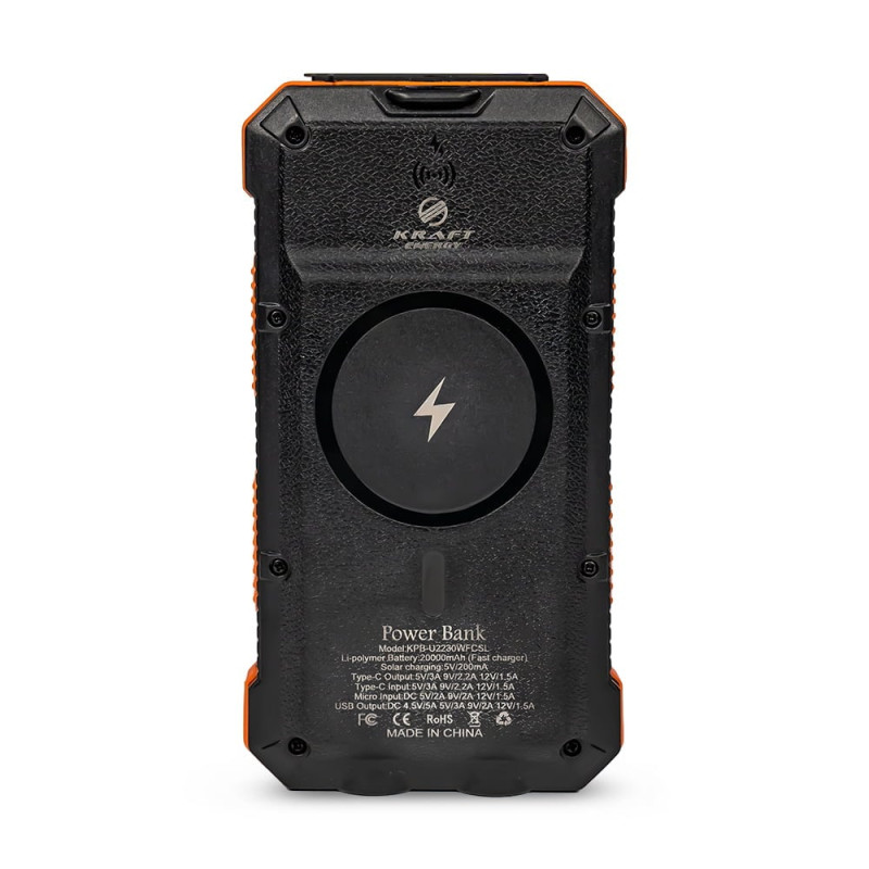 Повербанк з сонячною панеллю 20000mAh Power Bank Kraft KPB-U2230WFCSL Orange бездротова зарядка LED-ліхтар