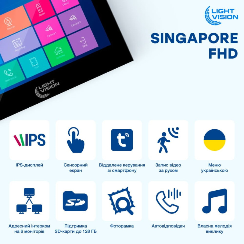 Відеодомофон 7" WiFi Tuya Light Vision SINGAPORE (AI) FHD Black