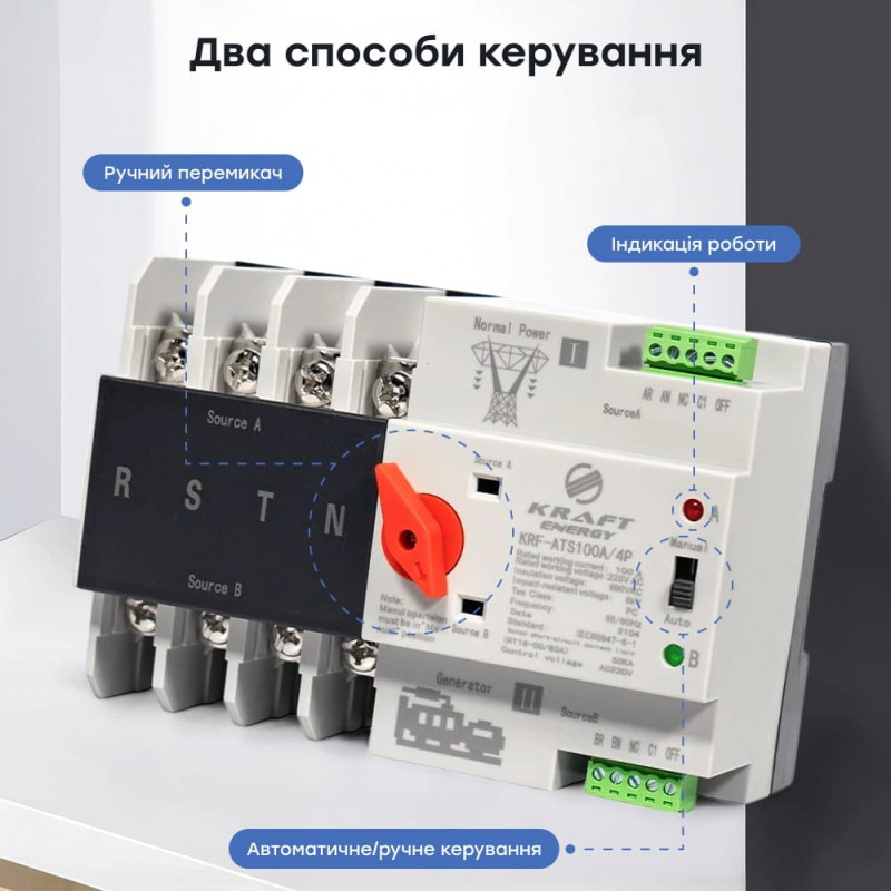 Автоматичний перемикач (АВР) під DIN-рейку Kraft KRF-ATS100A/4p 4 полюси