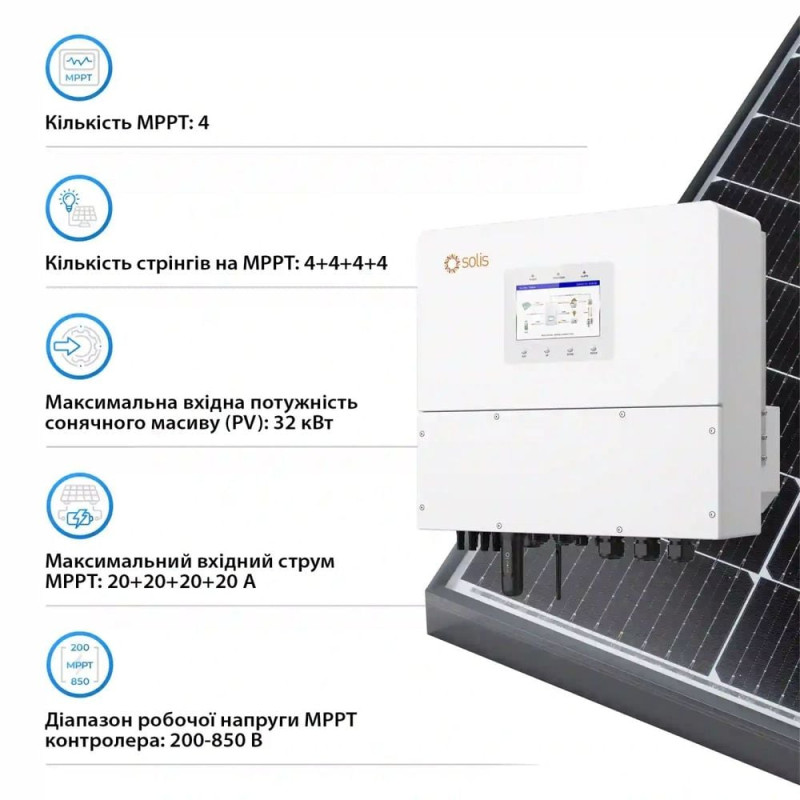 Гібридний трифазний інвертор 20kW Solis S6-EH3P20K-H 120-800V WiFi HV-battery 4 MPPT