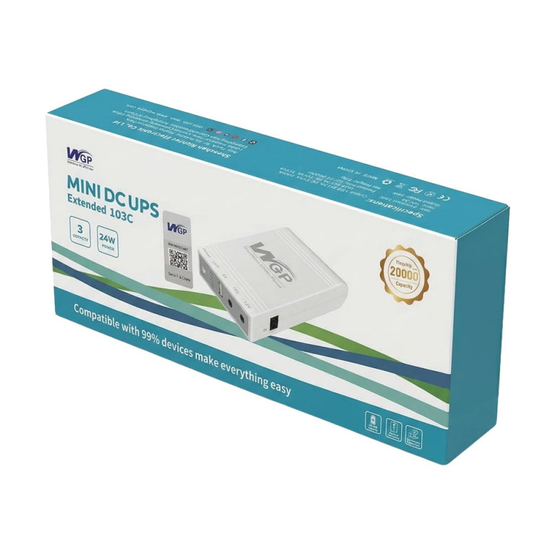 Комплект Mini UPS з блоком живлення: джерело безперебійного живлення Mini UPS WGP UPS103C 20000mAh 5V/12V/12V, Li-ion 4*5Ah, для роутера і оптичного термінала та блок живлення SPF-1202B 12V/2A (24W)