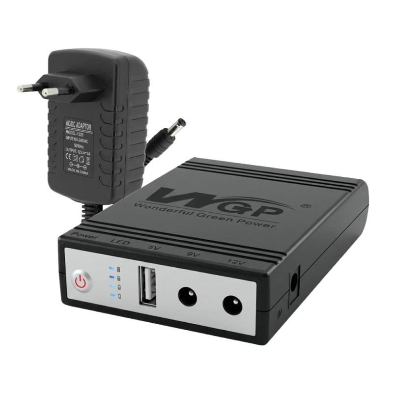 Комплект Mini UPS з блоком живлення: джерело безперебійного живлення Mini UPS WGP UPS1032 Black 10400mAh 5V/9V/12V, Li-ion 4*2.6Ah, для роутера і оптичного термінала та блок живлення SPF-1202B 12V/2A (24W)