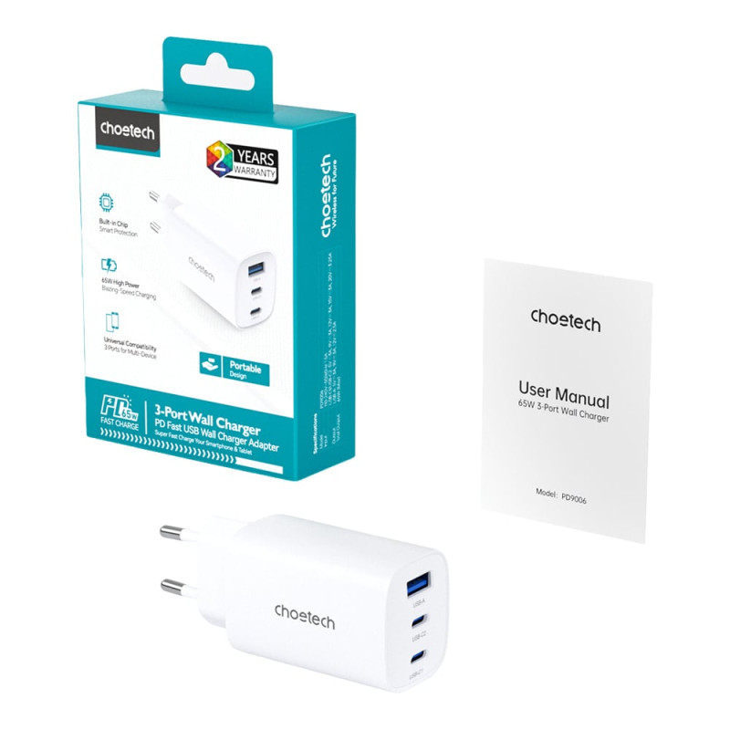 Мережевий зарядний пристрій Choetech PD9006 PD65W GAN USB-A+2xUSB-C White