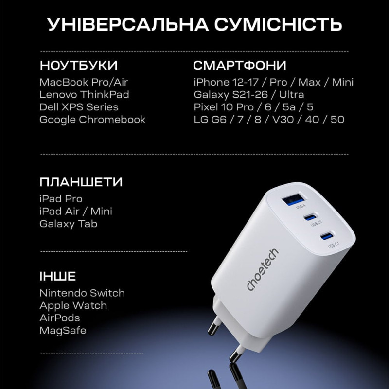 Мережевий зарядний пристрій Choetech PD9006 PD65W GAN USB-A+2xUSB-C White