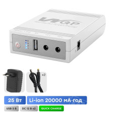 Джерело безперебійного живлення з блоком живлення Mini UPS WGP UPS103C Quick Charge 20000mAh 5V/12V/12V, Li-ion 4*5Ah, для роутера та оптичного терміналу. Блок живлення 12/3А (36W)
