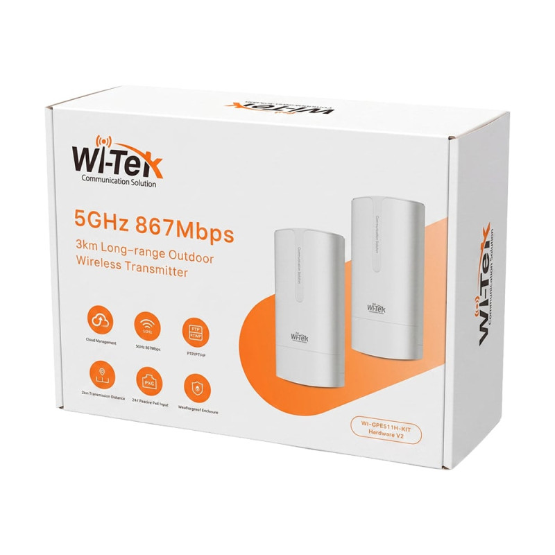 Комплект бездротового моста WiFi Wi-Tek WI-CPE511H-KIT V2 5GHz, 867Mbps, 3km, 2x100Mbps, Cloud