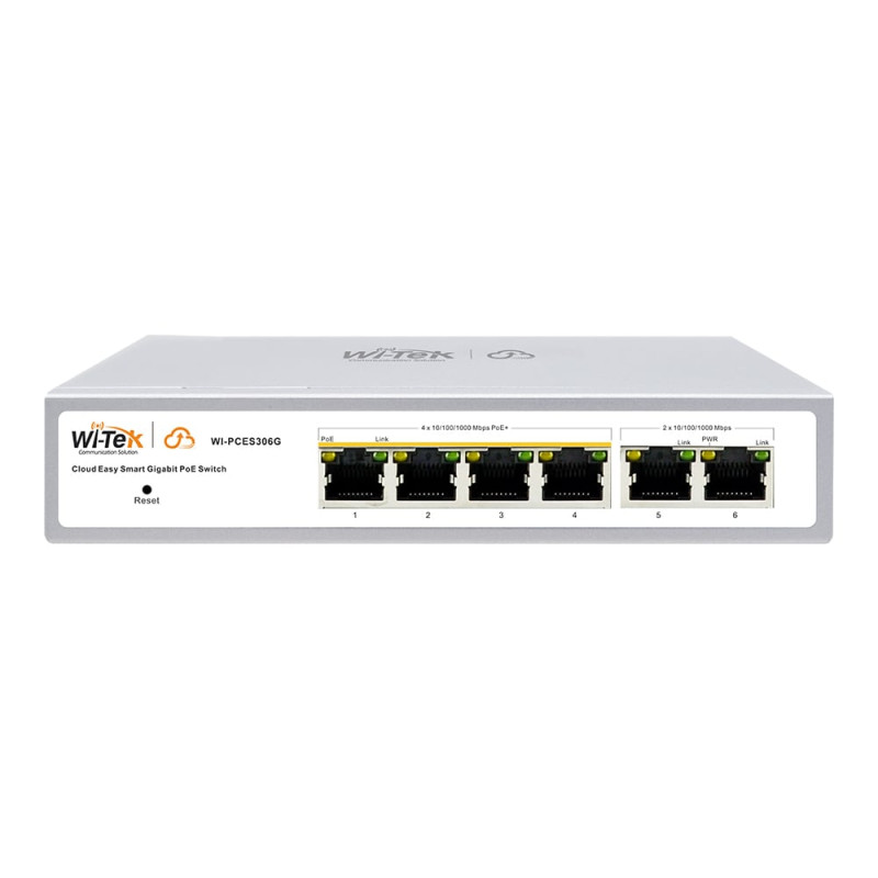 PoE-комутатор 6-портовий керований Wi-Tek WI-PCES306G V2 гігабітний, 4x1000Mbps PoE+, 2x1000Mbps Uplink, 60W, Cloud, ONVIF
