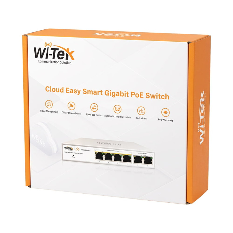 PoE-комутатор 6-портовий керований Wi-Tek WI-PCES306G V2 гігабітний, 4x1000Mbps PoE+, 2x1000Mbps Uplink, 60W, Cloud, ONVIF