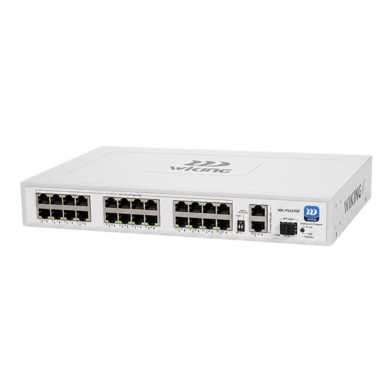 PoE-комутатор 27-портовий некерований Wiking WK-PS227GF, 24x100Mbps PoE, 2x1000Mbps Uplink, 1x1000Mbps SFP, 270W