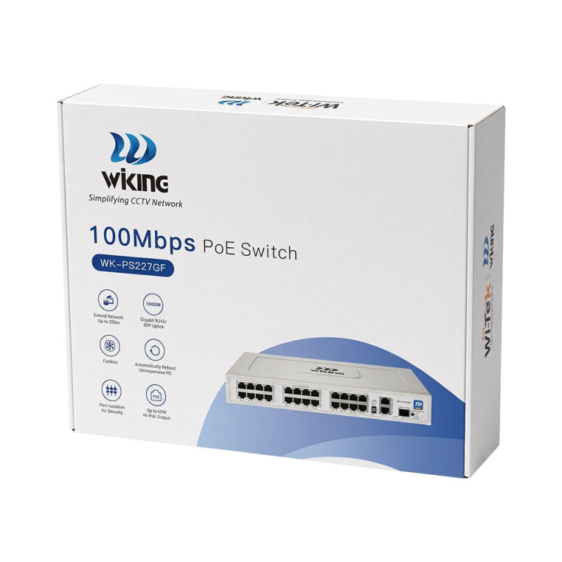 PoE-комутатор 27-портовий некерований Wiking WK-PS227GF, 24x100Mbps PoE, 2x1000Mbps Uplink, 1x1000Mbps SFP, 270W