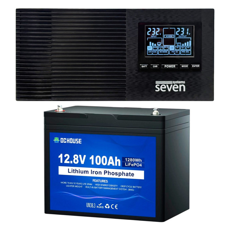 Комплект резервного живлення SEVEN I-7964 1200ВА/1000Вт з АКБ LiFePO4 DC HOUSE 12.8V 100Ah Bluetooth