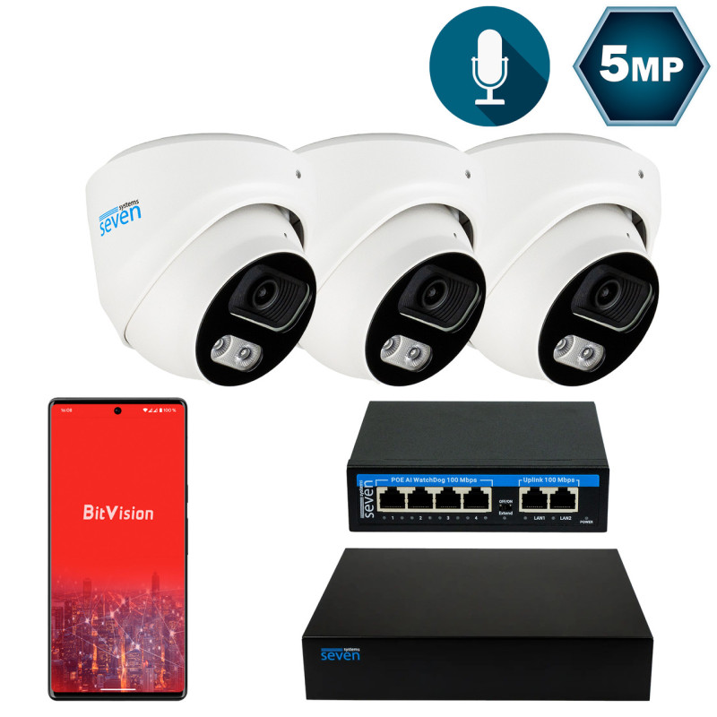Комплект відеоспостереження на 3 купольні 5 Мп IP-камери SEVEN IP-7215W3-5MP