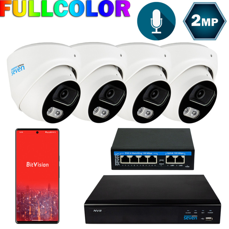 Комплект відеоспостереження на 4 купольні 2 Мп FULL COLOR IP-камери SEVEN IP-7212W4FC-2MP