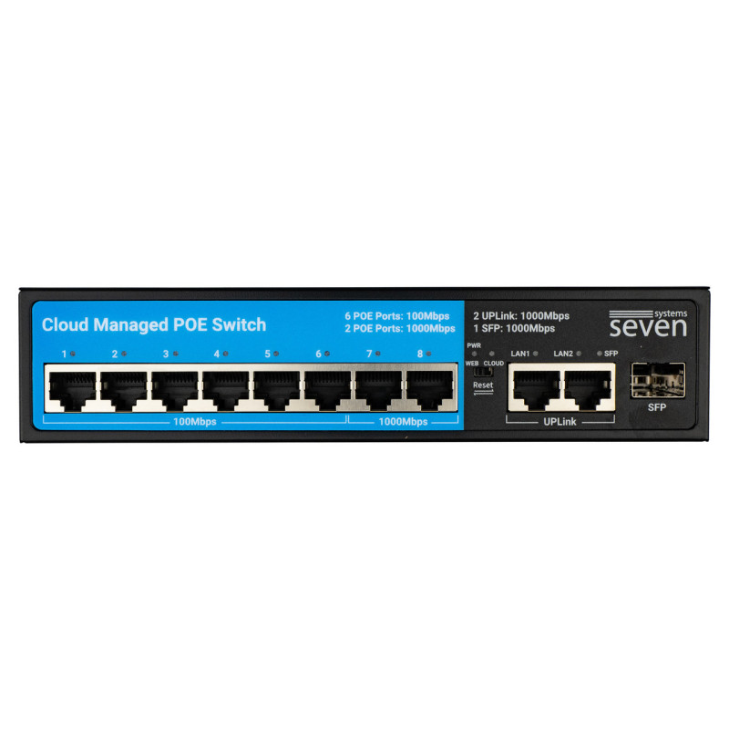 Хмарно керований 11-ти портовий PoE комутатор SEVEN PS308G (Cloud POE: 6+2G, UP: 2G+1SFP)